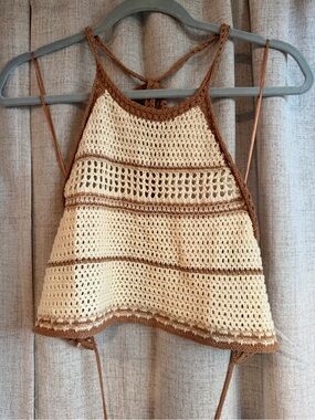 12th Tribe Cream and Brown Crochet Halter Camisole